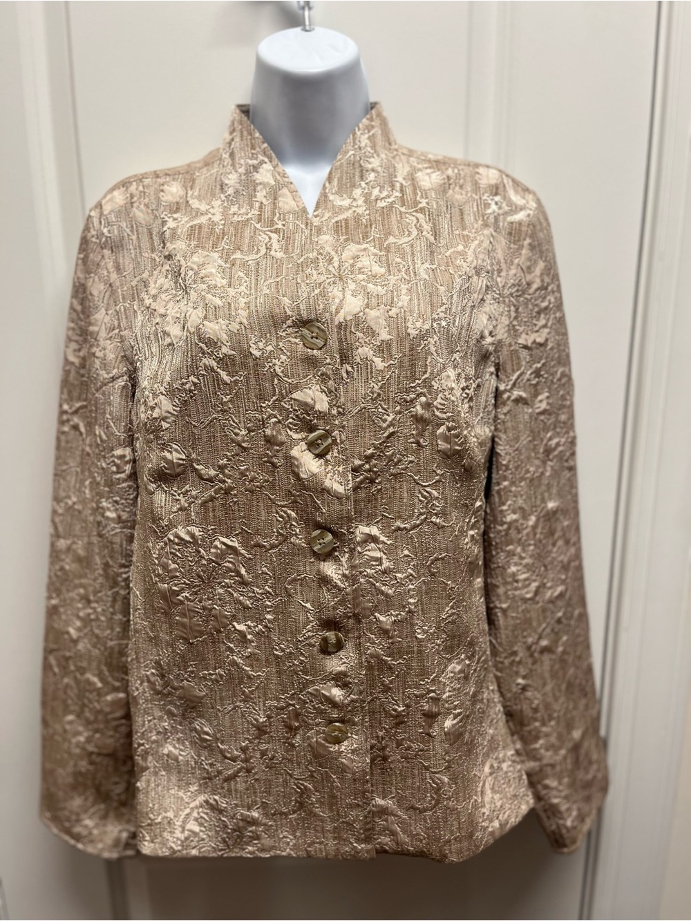 Coldwater Creek Champagne Gold Floral Brocade Jacquard Button Top Jacket Party L